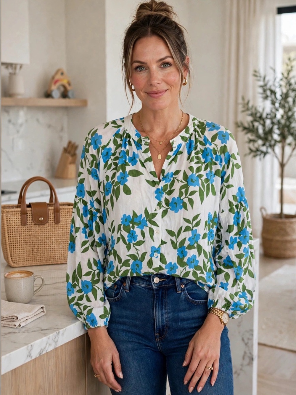Olivia James the Label || Floral Peasant Top Blouse Cotton Blue Green Small